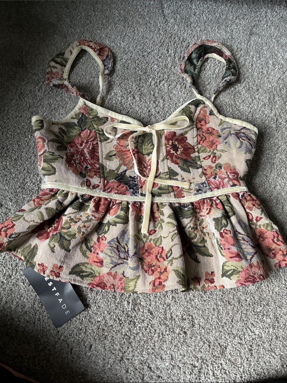 Floral textured Peplum Crop Top in Cream and Rose